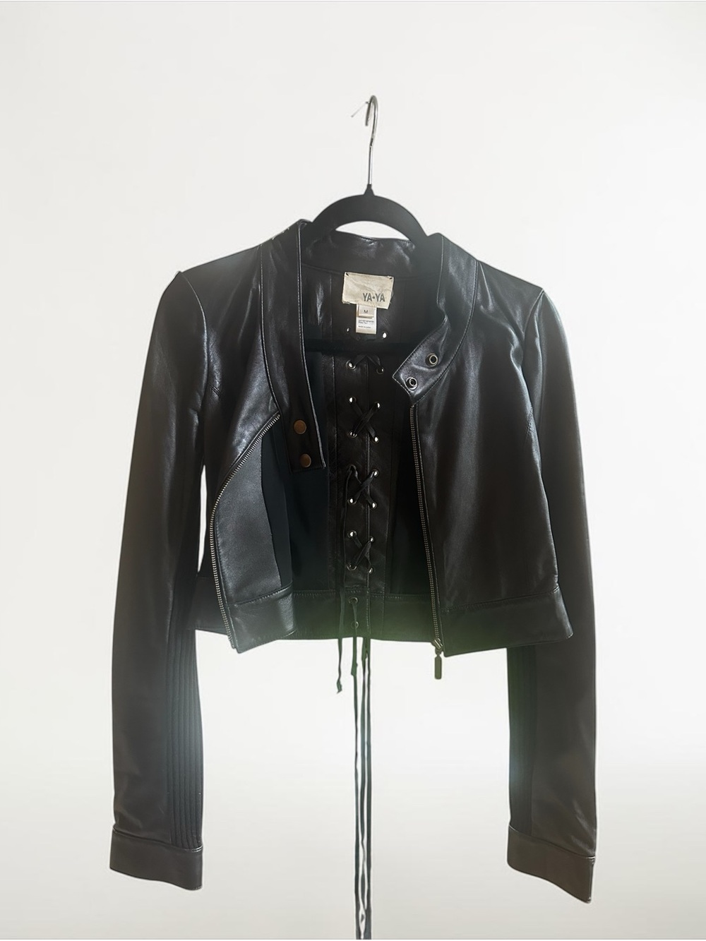 YA-YA Vintage Black Cropped Leather Jacket. Lace Up Back W/eyelets, SZ (M)